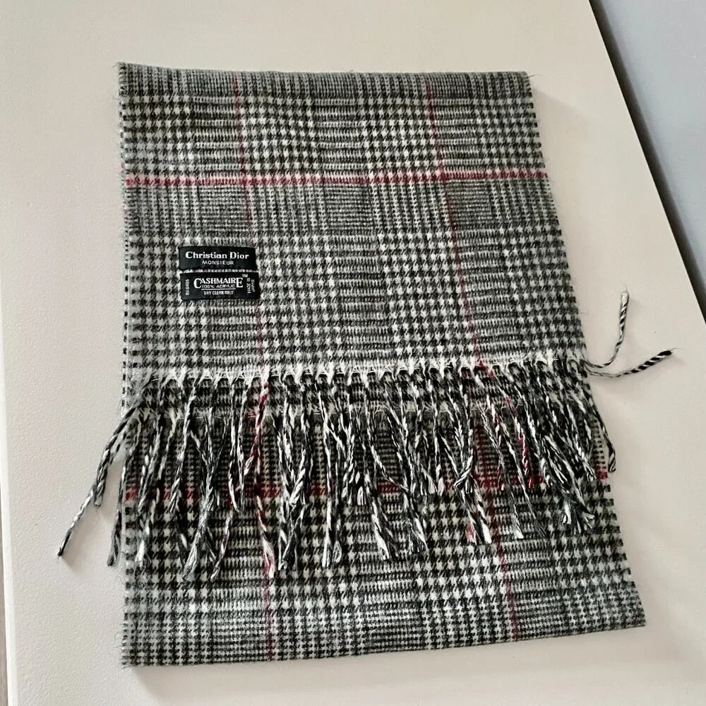 Vint. Christian Dior Preppy Heritage Work Houndstooth Fringes Scarf 54